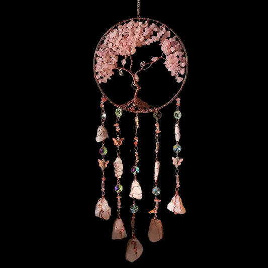 Gemstone Dream Catcher Carved from Rose Quartz & Copper Wire Trunk